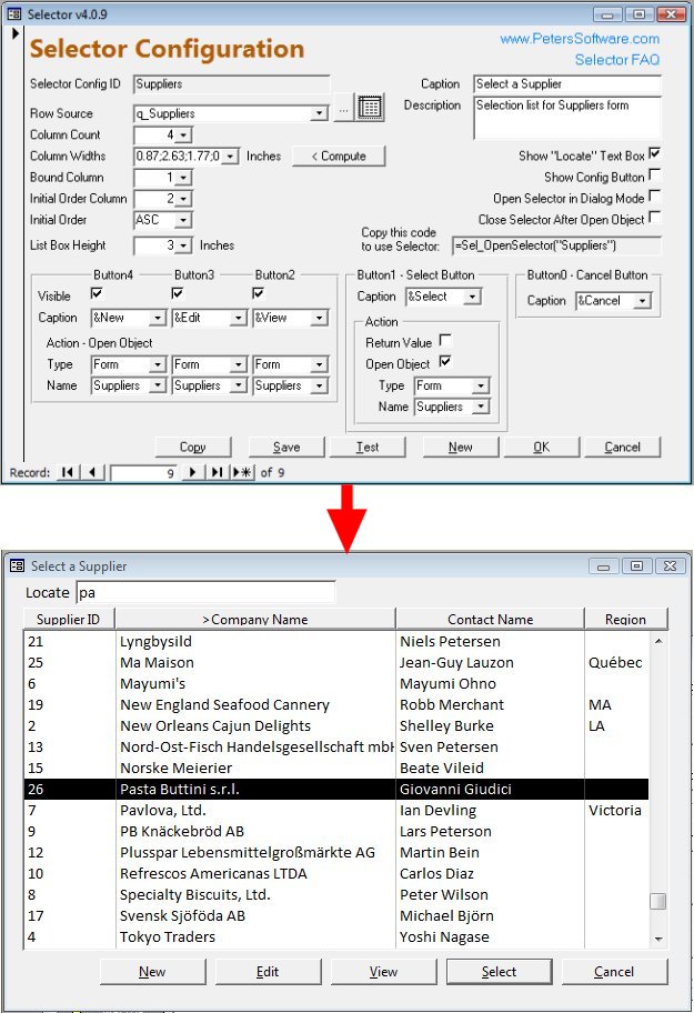 Selector for MS Access 2002