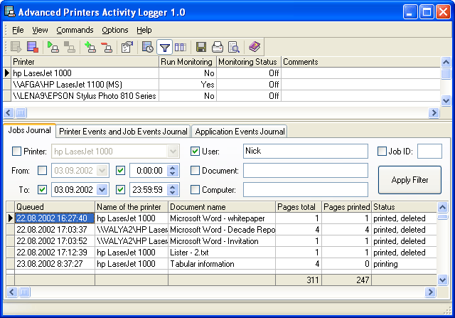 Advanced Printers Activity Logger