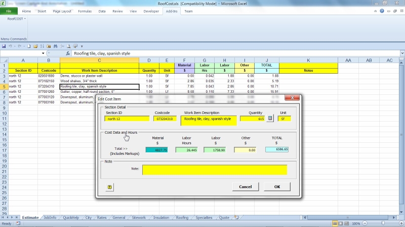 RoofCOST Estimator for Excel