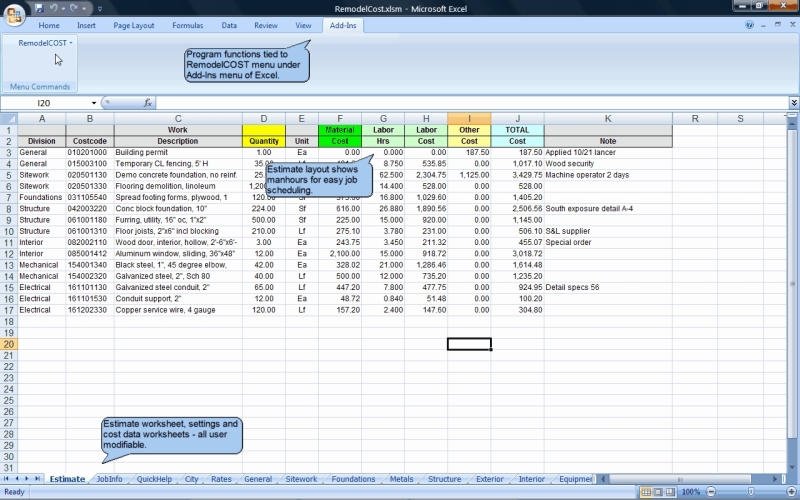 RemodelCOST Estimator for Excel